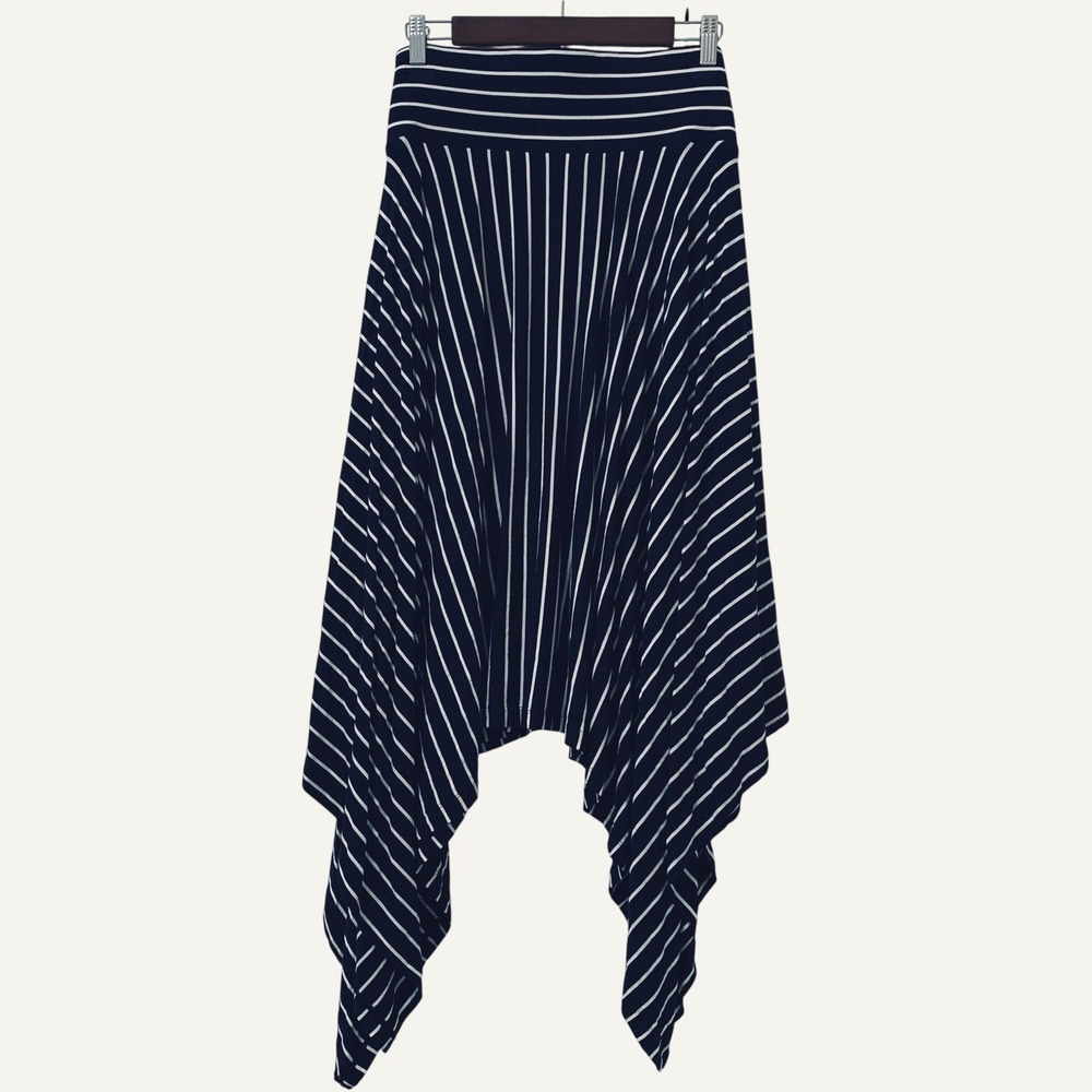 Cabi Handkerchief Hem Skirt Women Size L Navy White Striped Asymmetrical Pull On - Picture 2 of 9